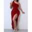 Robe de soirée longue fendue à paillettes et à une épaule - Rouge Vineux S | US 4