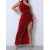 Robe de soirée longue fendue à paillettes et à une épaule - Rouge Vineux S | US 4