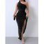 Robe de soirée longue fendue à paillettes et à une épaule - Rouge Vineux S | US 4