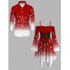 Christmas Couple Outfit Snowflake Print Lace Up Belt Dress and Shirt Set - Rouge S | US 4