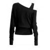 Haut à col oblique de couleur unie, haut à manches longues fendu - Noir XXL | US 14