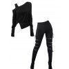 Solid Color Women Outfit Skew Neck Slit Top and Grommet Leggings Set - Noir S | US 4