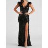 Robe de soirée fendue à paillettes Robe longue en fausse fourrure à col plongeant - Noir S | US 4