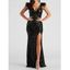 Robe de soirée fendue à paillettes Robe longue en fausse fourrure à col plongeant - Noir S | US 4