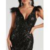 Robe de soirée fendue à paillettes Robe longue en fausse fourrure à col plongeant - Noir S | US 4