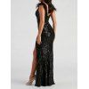 Robe de soirée fendue à paillettes Robe longue en fausse fourrure à col plongeant - Noir S | US 4