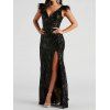 Robe de soirée fendue à paillettes Robe longue en fausse fourrure à col plongeant - Noir S | US 4