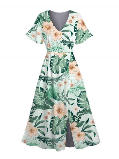 Robe de vacances à la plage Robe fendue à imprimé floral et feuilles d'hibiscus