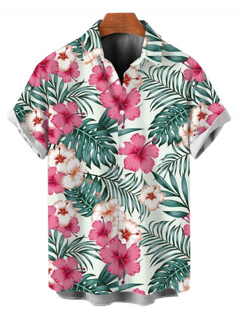 Chemise de vacances pour homme, chemise boutonnée à imprimé floral et feuilles d'hibiscus