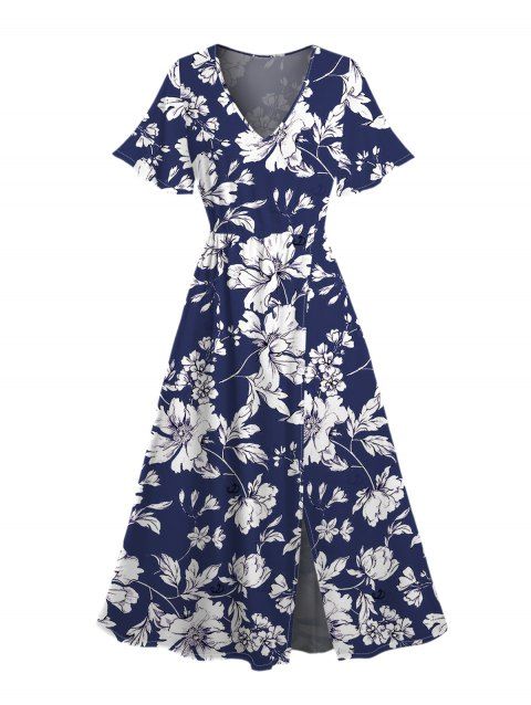 Robe de vacances à imprimé floral et col en V avec fente