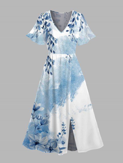 Robe de vacances à imprimé floral et feuilles colorblock, col en V, fente