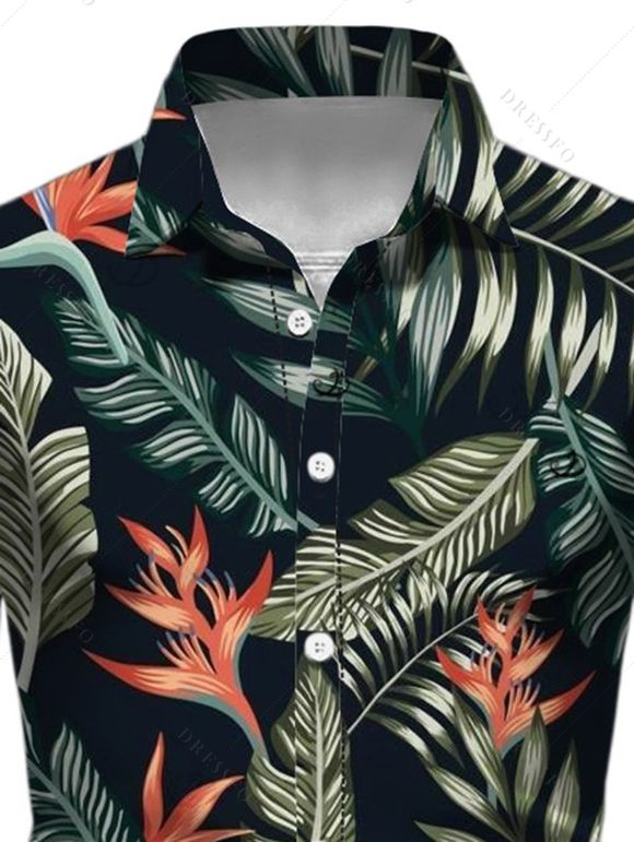 Chemise de vacances pour homme à manches longues et imprimé floral et feuilles pour la plage - Noir XL