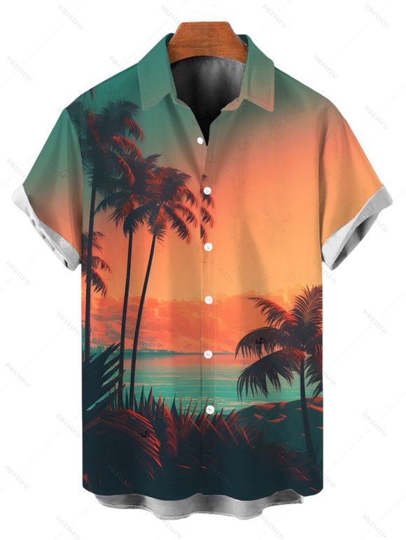 Chemise de vacances pour homme, imprimé coucher de soleil et cocotier ombré, chemise de plage - multicolor 5XL