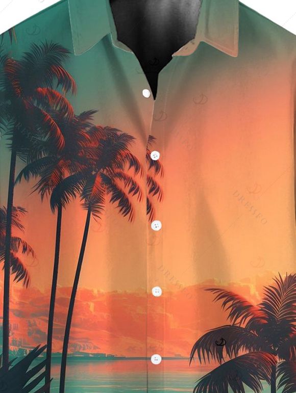 Chemise de vacances pour homme, imprimé coucher de soleil et cocotier ombré, chemise de plage - multicolor L