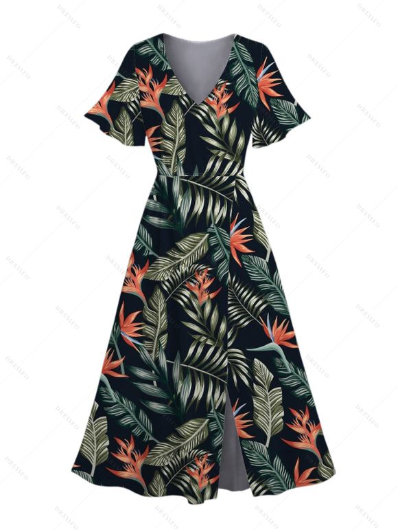 Robe de vacances pour la plage Robe fendue à col en V et imprimé feuilles florales - Noir XXL | US 14