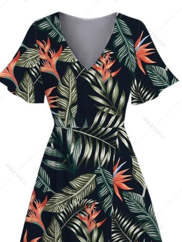 Vacation Dress for Beach Floral Leaf Print V Neck Slit Dress - BLACK XL | US 12
