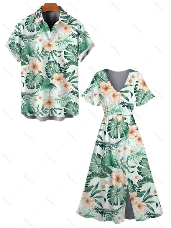 Beach Vacation Couple Outfit Hibiscus Floral Leaf Print Slit Dress and Shirt Set - Vert S | US 4