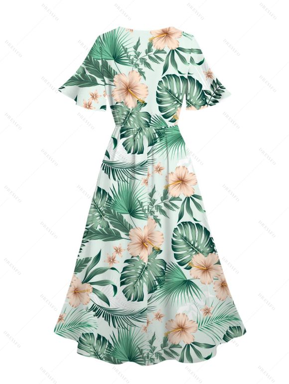 Beach Vacation Couple Outfit Hibiscus Floral Leaf Print Slit Dress and Shirt Set - GREEN S | US 4