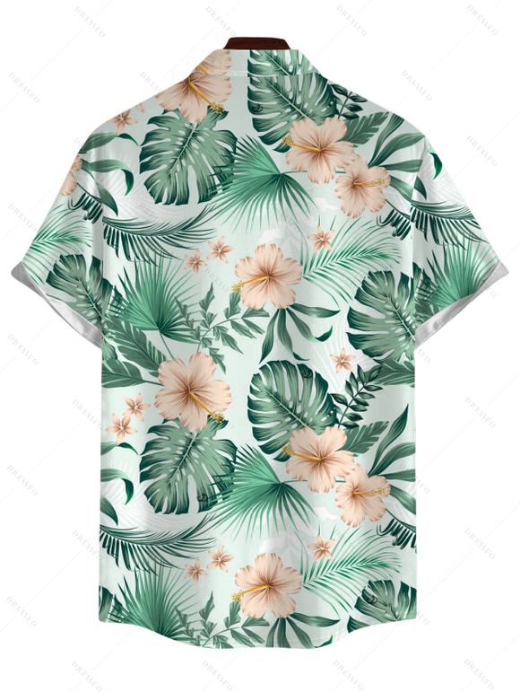 Chemise de vacances pour homme pour la plage, chemise boutonnée à imprimé floral et feuilles d'hibiscus - Vert 2XL