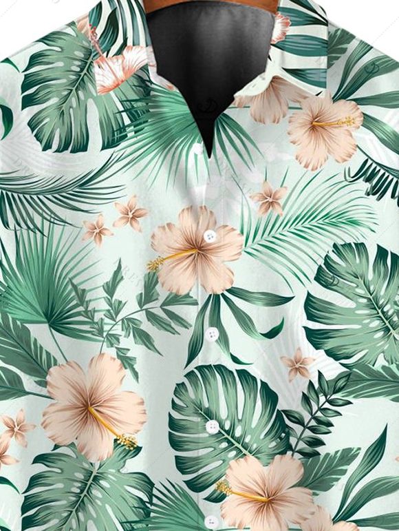 Chemise de vacances pour homme pour la plage, chemise boutonnée à imprimé floral et feuilles d'hibiscus - Vert 2XL