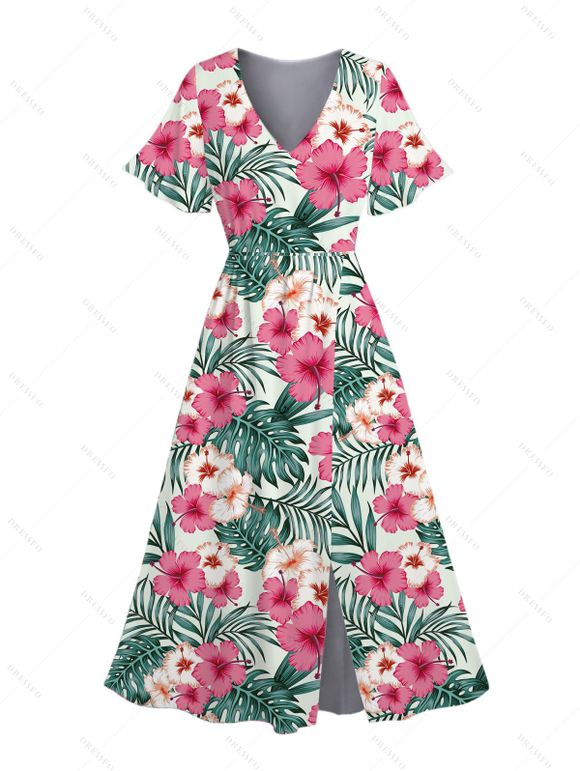 Robe de vacances à imprimé floral et feuilles d'hibiscus, col en V, fente - Rose clair XXL | US 14