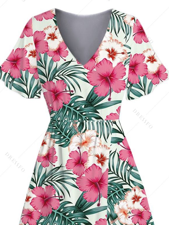 Robe de vacances à imprimé floral et feuilles d'hibiscus, col en V, fente - Rose clair L | US 8-10