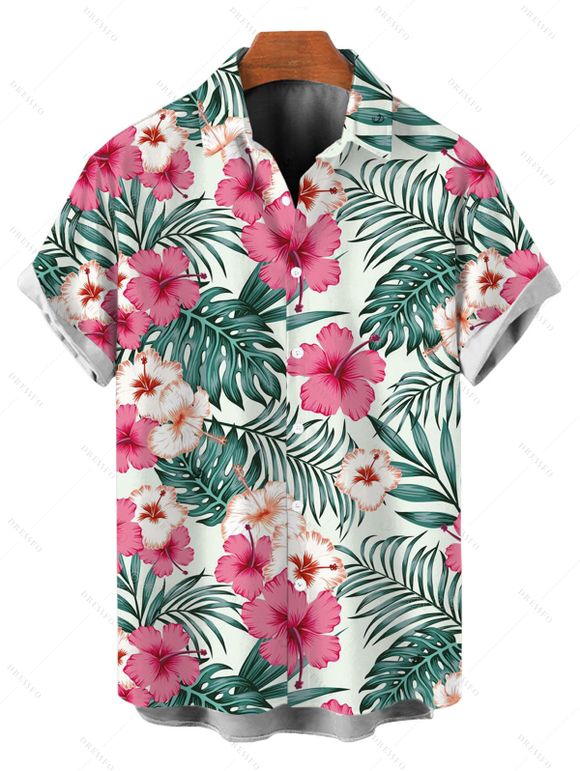 Chemise de vacances pour homme, chemise boutonnée à imprimé floral et feuilles d'hibiscus - Rose clair 5XL
