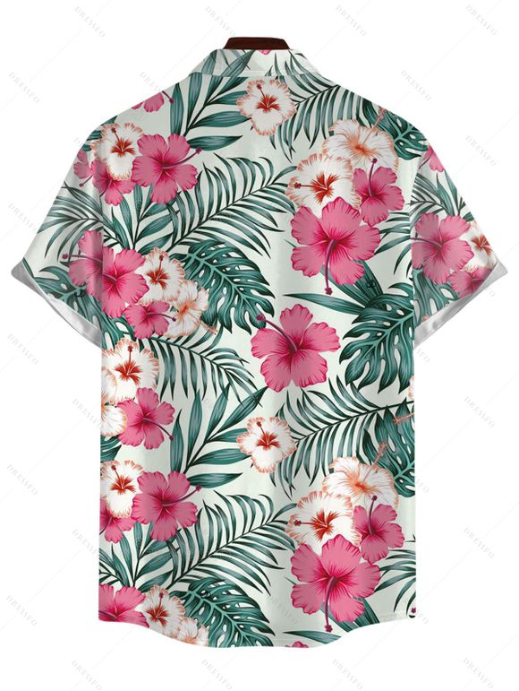 Chemise de vacances pour homme, chemise boutonnée à imprimé floral et feuilles d'hibiscus - Rose clair 3XL