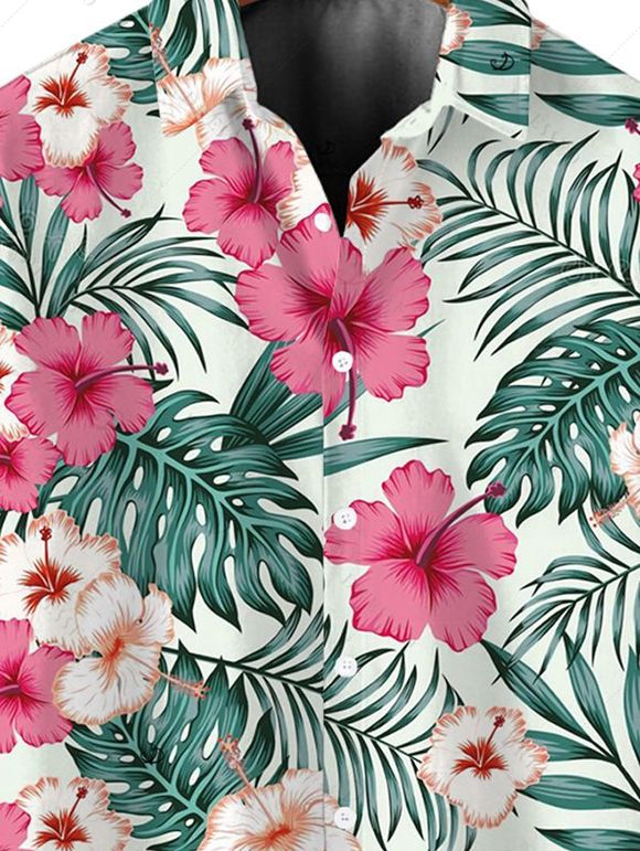 Chemise de vacances pour homme, chemise boutonnée à imprimé floral et feuilles d'hibiscus - Rose clair 3XL