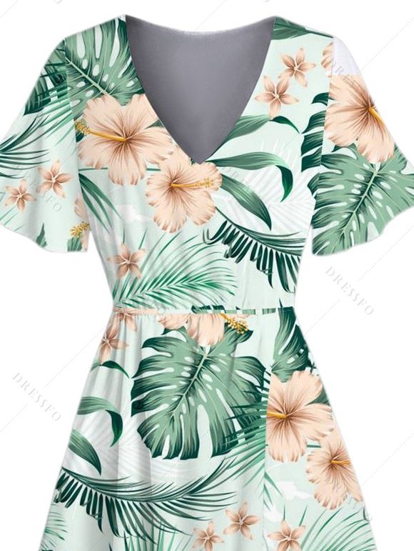 Robe de vacances à la plage Robe fendue à imprimé floral et feuilles d'hibiscus - Vert S | US 4