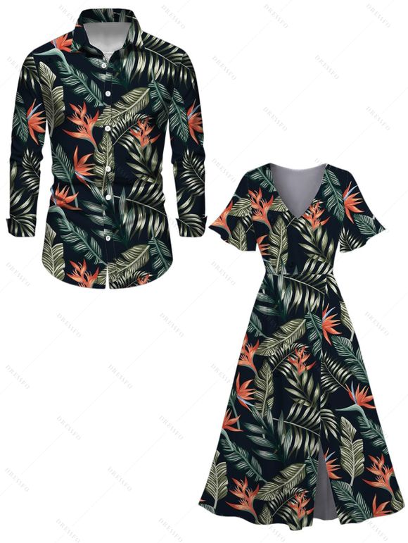 Vacation Couple Outfit for Beach Floral Leaf Print Slit Dress and Shirt Set - Noir S | US 4