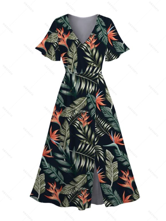 Vacation Couple Outfit for Beach Floral Leaf Print Slit Dress and Shirt Set - BLACK S | US 4
