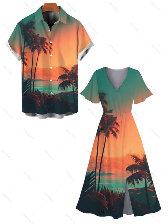 Vacation Couple Outfit Coconut Tree Print Slit Dress and Shirt Set - multicolor S | US 4