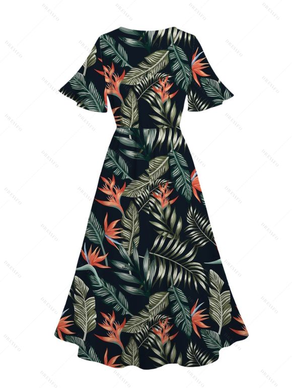Vacation Couple Outfit for Beach Floral Leaf Print Slit Dress and Shirt Set - BLACK S | US 4