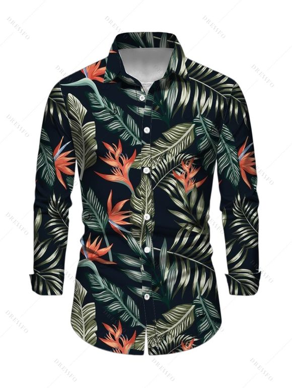 Vacation Couple Outfit for Beach Floral Leaf Print Slit Dress and Shirt Set - BLACK S | US 4