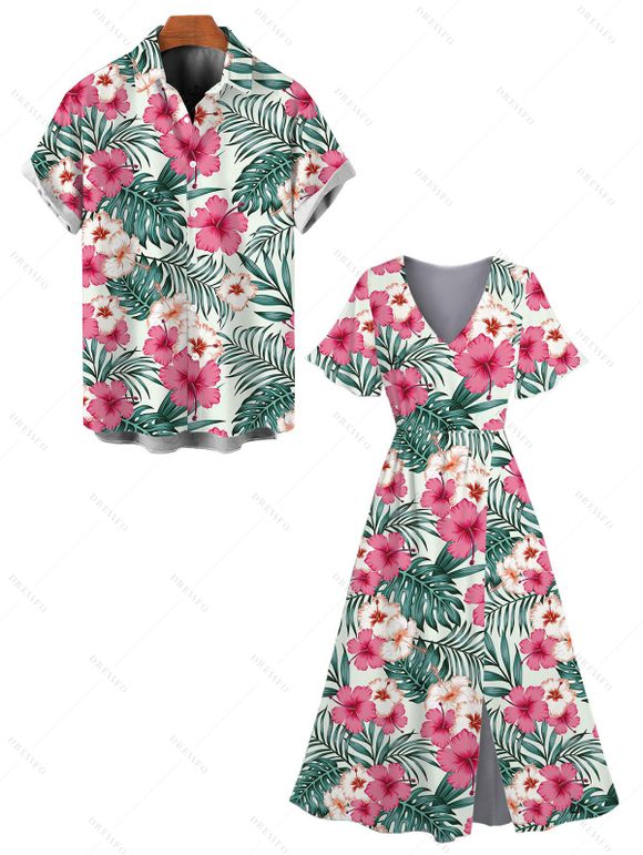 Vacation Couple Outfit Hibiscus Floral Leaf Print Slit Dress and Shirt Set - Rose clair S | US 4