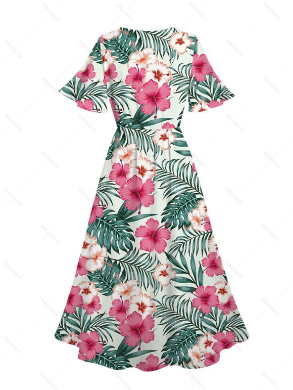 Vacation Couple Outfit Hibiscus Floral Leaf Print Slit Dress and Shirt Set - LIGHT PINK S | US 4