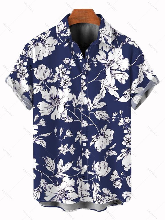 Chemise de vacances pour homme, chemise boutonnée à imprimé floral - Bleu Marine 5XL