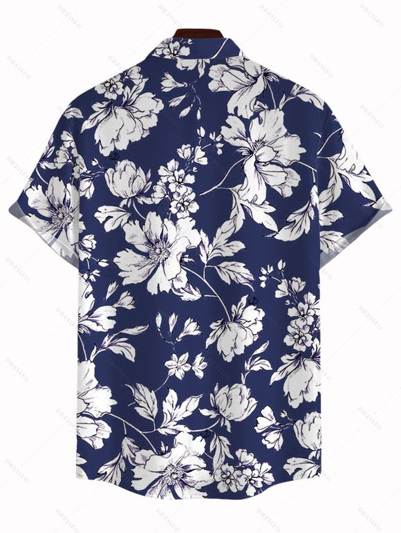 Chemise de vacances pour homme, chemise boutonnée à imprimé floral - Bleu Marine XL