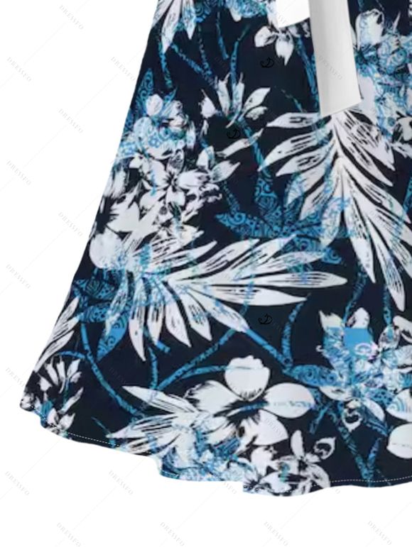 Vacation Dress Allover Leaf Floral Print Surplice Belt Midi Dress - MIDNIGHT BLUE S | US 4