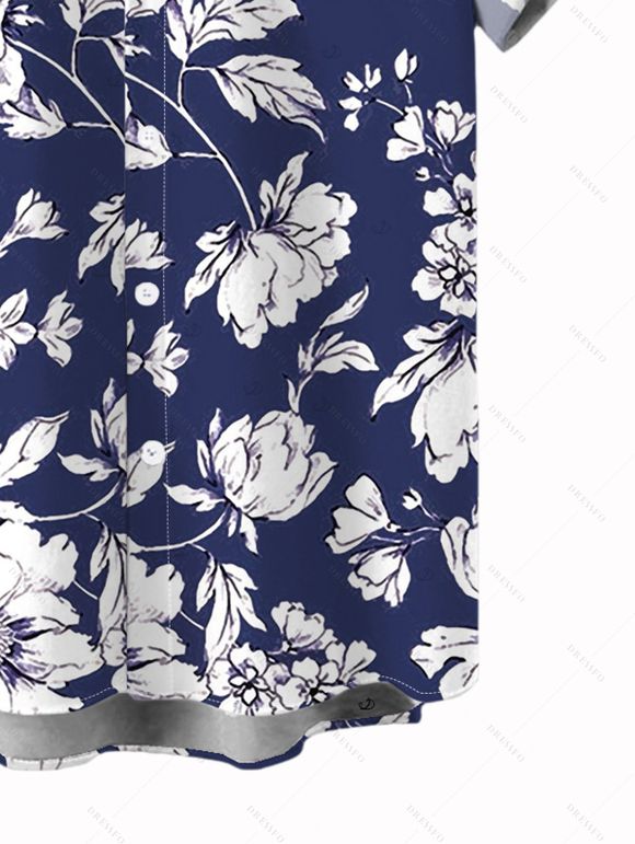 Chemise de vacances pour homme, chemise boutonnée à imprimé floral - Bleu Marine XL