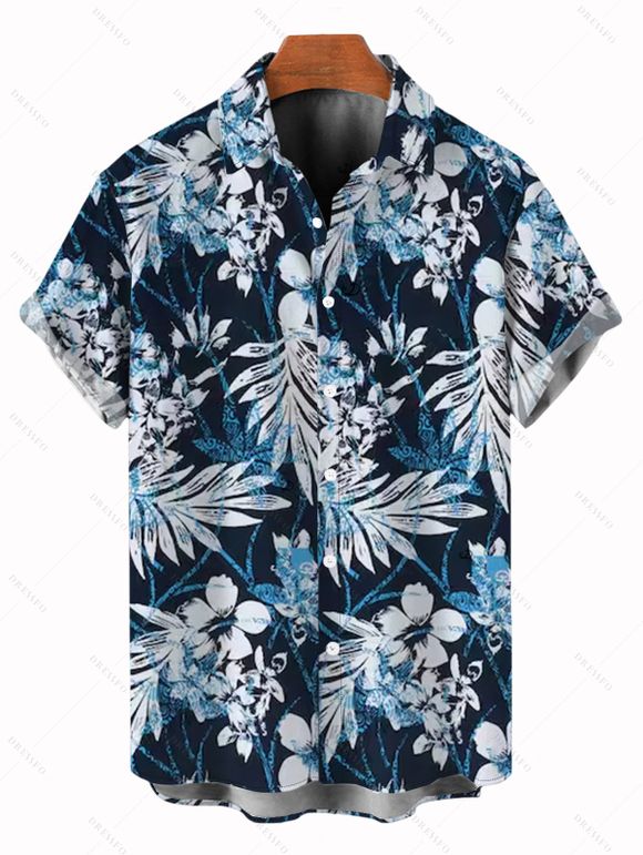 Chemise de vacances pour homme, chemise boutonnée à imprimé floral et feuilles - Bleu de Minuit 5XL