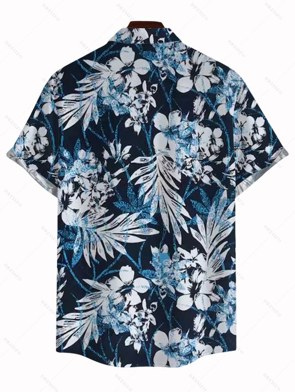 Chemise de vacances pour homme, chemise boutonnée à imprimé floral et feuilles - Bleu de Minuit M