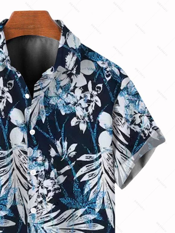 Chemise de vacances pour homme, chemise boutonnée à imprimé floral et feuilles - Bleu de Minuit M