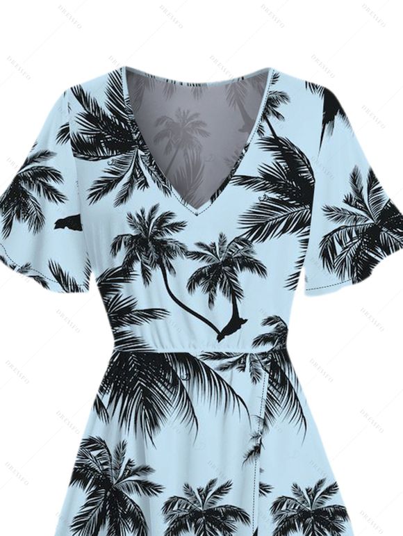 Vacation Dress for Beach Coconut Tree Bird Print V Neck Silt Dress - LIGHT BLUE S | US 4