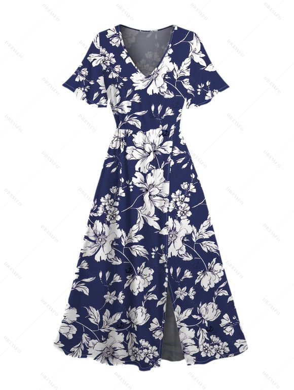 Robe de vacances à imprimé floral et col en V avec fente - Bleu Marine XL | US 12