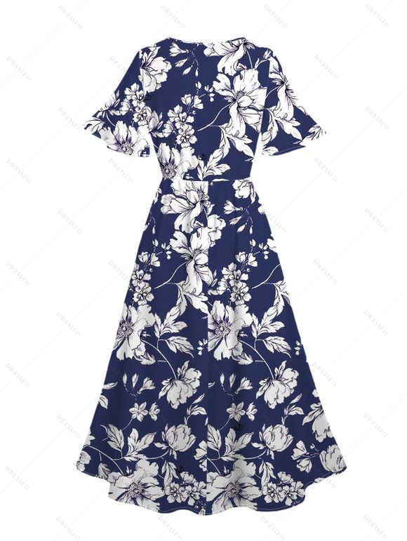 Robe de vacances à imprimé floral et col en V avec fente - Bleu Marine XL | US 12