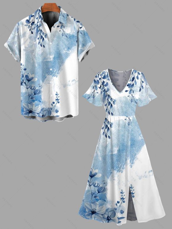 Vacation Couple Outfit Colorblock Floral Leaf Print Slit Dress and Shirt Set - Bleu clair S | US 4