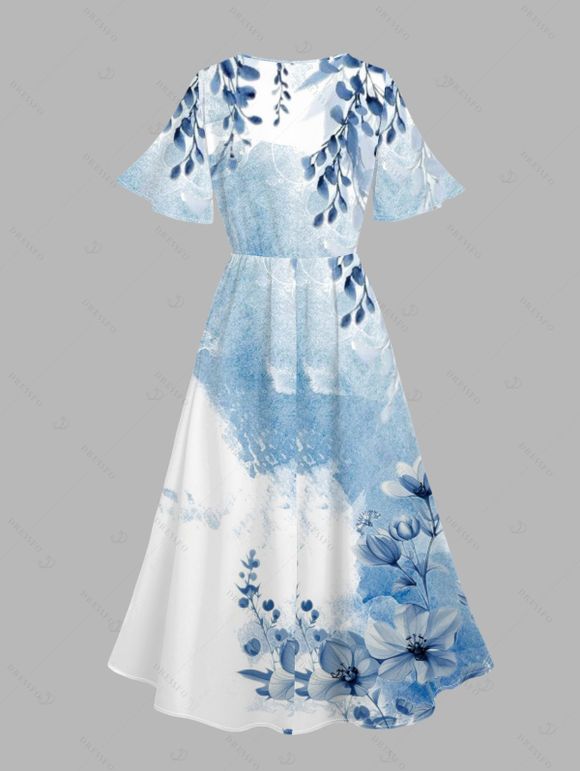 Vacation Couple Outfit Colorblock Floral Leaf Print Slit Dress and Shirt Set - LIGHT BLUE S | US 4