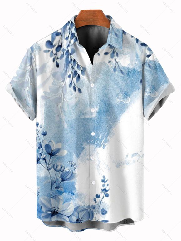 Vacation Couple Outfit Colorblock Floral Leaf Print Slit Dress and Shirt Set - LIGHT BLUE S | US 4